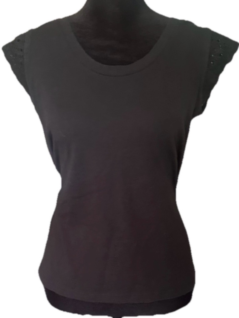 LOFT Women's Black Solid Knit Cotton Sleeveless Scoop Neck Eyelet Top, S